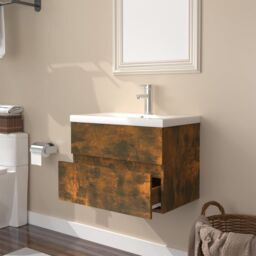 Berkfield Home Sink Cabinet with Built-in Basin Smoked Oak Engineered Wood in Brown - thumbnail 4