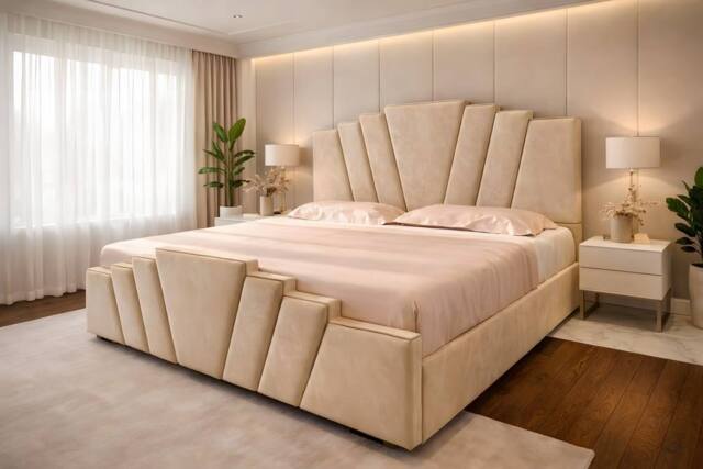 PARADISE BEDS LTD Art Deco Upholstered Ottoman Gas Lift Storage Bed Frame with Headboard in Beige - Size: Small Double - image 1