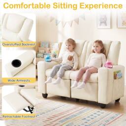 CASART 2-Seater Kids Recliner Double Toddler Sofa Chair w/2 Cup Holders in Beige - thumbnail 7