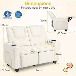 CASART 2-Seater Kids Recliner Double Toddler Sofa Chair w/2 Cup Holders in Beige - thumbnail 2