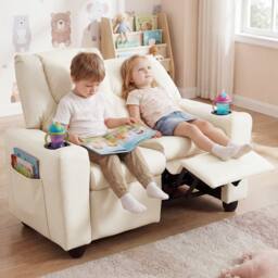 CASART 2-Seater Kids Recliner Double Toddler Sofa Chair w/2 Cup Holders in Beige - thumbnail 5