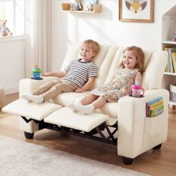 CASART 2-Seater Kids Recliner Double Toddler Sofa Chair w/2 Cup Holders in Beige - thumbnail 4