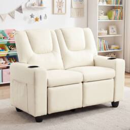 CASART 2-Seater Kids Recliner Double Toddler Sofa Chair w/2 Cup Holders in Beige - thumbnail 3