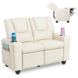 CASART 2-Seater Kids Recliner Double Toddler Sofa Chair w/2 Cup Holders in Beige - thumbnail 6