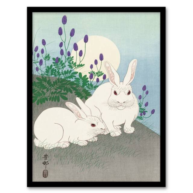 Artery8 Ohara Koson Framed Wall Art Print Two Rabbits At Full Moon in Blue - Size: A4 - image 1