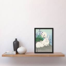 Artery8 Ohara Koson Framed Wall Art Print Two Rabbits At Full Moon in Blue - Size: A4 - thumbnail 2