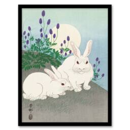 Artery8 Ohara Koson Framed Wall Art Print Two Rabbits At Full Moon in Blue - Size: A4 - thumbnail 1