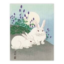 Artery8 Ohara Koson Framed Wall Art Print Two Rabbits At Full Moon in Blue - Size: A4 - thumbnail 3