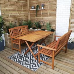 Samuel Alexander 4 Person Folding Wooden Garden Patio Dining Table & 2 Benches in Brown - thumbnail 2