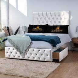 UK Bed Furniture Monaco Divan Bed with 2 Drawers Same Side & 26 Inch headboard in White - Size: King