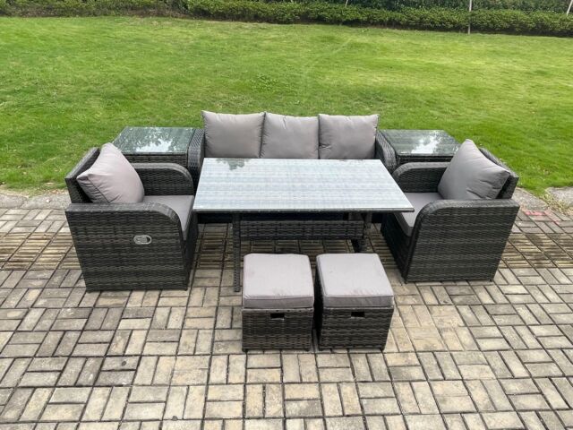Fimous 7 Seater Rattan Outdoor Garden Furniture Set Rectangular Dining Table & Chair Sofa Set With 2 Side Tables in Dark Grey - image 1