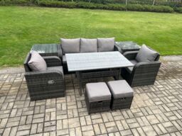 Fimous 7 Seater Rattan Outdoor Garden Furniture Set Rectangular Dining Table & Chair Sofa Set With 2 Side Tables in Dark Grey - thumbnail 2
