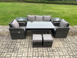 Fimous 7 Seater Rattan Outdoor Garden Furniture Set Rectangular Dining Table & Chair Sofa Set With 2 Side Tables in Dark Grey - thumbnail 1