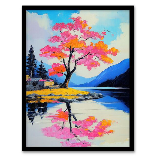 "Artery8 Cherry Blossom Tree by Lake Coastal Landscape Framed Art Print - Size: W12"" x H16""" - image 1