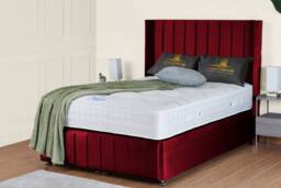 UK Bed Furniture Kamara Wingback End Lift Divan Ottoman Bed with 54 Inch Headboard in Maroon - Size: Double - thumbnail 1