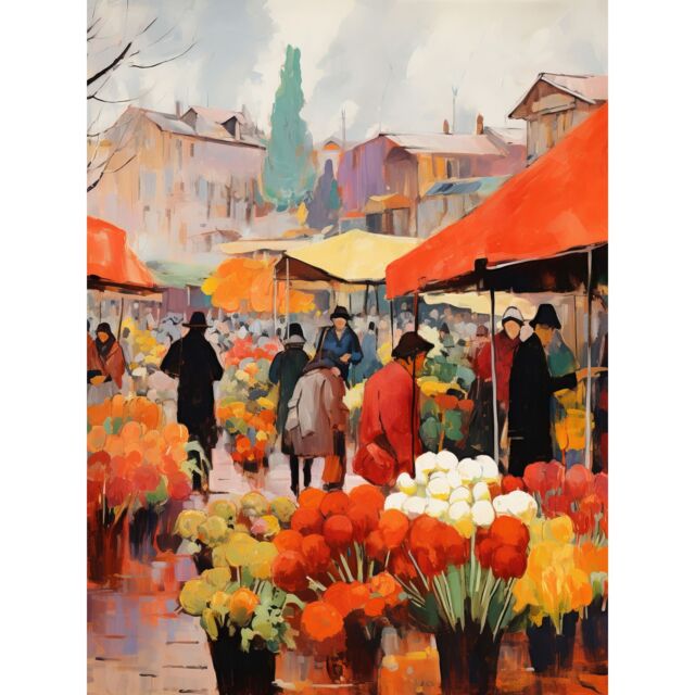 "Artery8 Wall Art Print Busy Flower Market Warm Amber Orange Yellow Oil Painting Poster - Size: W12"" x H16""" - image 1