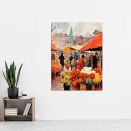 "Artery8 Wall Art Print Busy Flower Market Warm Amber Orange Yellow Oil Painting Poster - Size: W12"" x H16""" - thumbnail 2