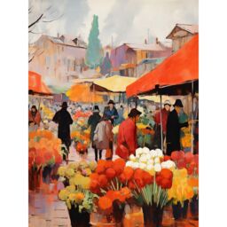 "Artery8 Wall Art Print Busy Flower Market Warm Amber Orange Yellow Oil Painting Poster - Size: W12"" x H16""" - thumbnail 1
