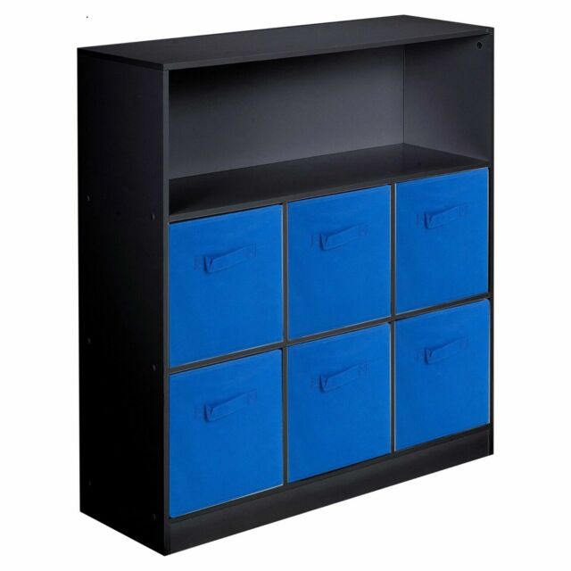 EONLION Black 7-Cube Storage Unit, Wooden Shelf with Blue Drawers - image 1