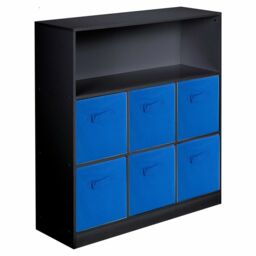 EONLION Black 7-Cube Storage Unit, Wooden Shelf with Blue Drawers