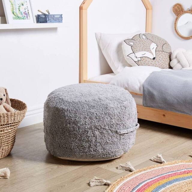 Wyld and Coco Grey Cotton Shaggy Pouffe 50x35 cm - Handmade Boho Modern Seat - image 1