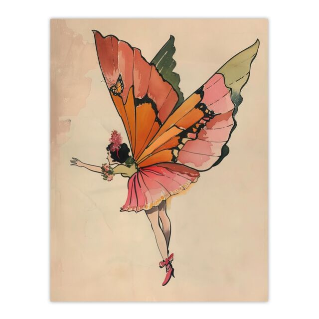 "Artery8 Tinkerbell Butterfly Fairy Vintage Watercolour Wall Art Print in Beige - Size: W18"" x H24""" - image 1