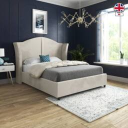Casani Tirley Curved Winged Upholstered Beige Soft Velvet Designer Bed Frame in Cream - Size: Small Single - thumbnail 2