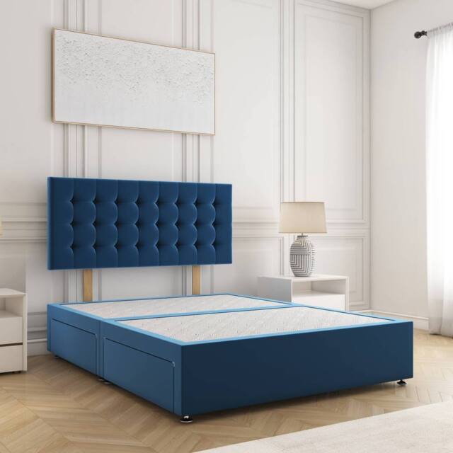 "BSSPOKE Maria Divan Bed Plush 24"" Headboard & 2Drawers Same Side No Mattress in Blue - Size: Small Double" - image 1