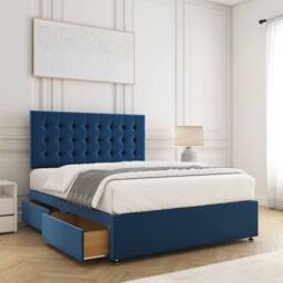 "BSSPOKE Maria Divan Bed Plush 24"" Headboard & 2Drawers Same Side No Mattress in Blue - Size: Small Double" - thumbnail 2