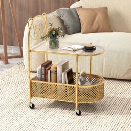 Costway Mobile Glass Coffee Table 2-Tier Modern Cocktail Table-Golden in Gold - thumbnail 3