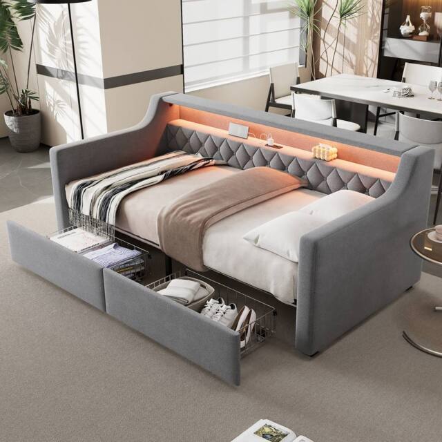 Merax 3ft Single Daybed Sofa Bed with LED Lights, USB Ports & 2 Drawers in Grey - image 1