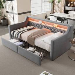 Merax 3ft Single Daybed Sofa Bed with LED Lights, USB Ports & 2 Drawers in Grey