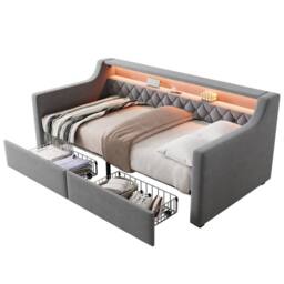 Merax 3ft Single Daybed Sofa Bed with LED Lights, USB Ports & 2 Drawers in Grey - thumbnail 7