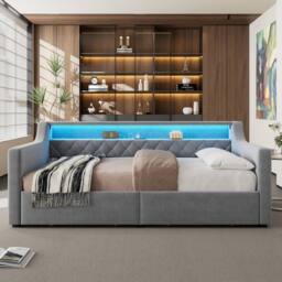 Merax 3ft Single Daybed Sofa Bed with LED Lights, USB Ports & 2 Drawers in Grey - thumbnail 3