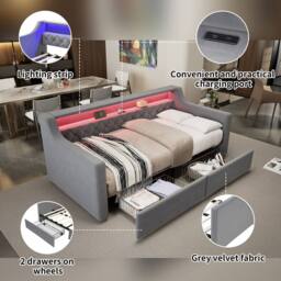 Merax 3ft Single Daybed Sofa Bed with LED Lights, USB Ports & 2 Drawers in Grey - thumbnail 6