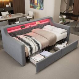Merax 3ft Single Daybed Sofa Bed with LED Lights, USB Ports & 2 Drawers in Grey - thumbnail 2