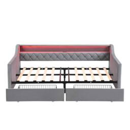 Merax 3ft Single Daybed Sofa Bed with LED Lights, USB Ports & 2 Drawers in Grey - thumbnail 9