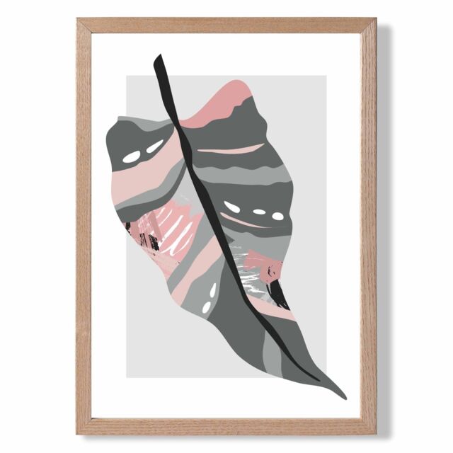 ARTZE Tropical Palm Grey & Pink Boho Botanical Framed Print SIZE: A4 with Oak Frame - image 1