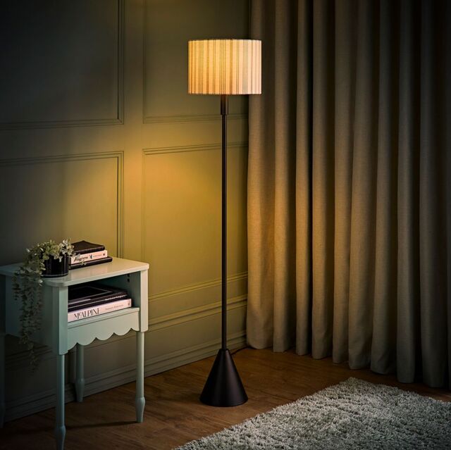 ValueLights Mitch Linen Stripe Lamp Shade Black Triangle Floor Lamp with LED Bulb in Off-White - image 1