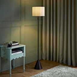 ValueLights Mitch Linen Stripe Lamp Shade Black Triangle Floor Lamp with LED Bulb in Off-White - thumbnail 3