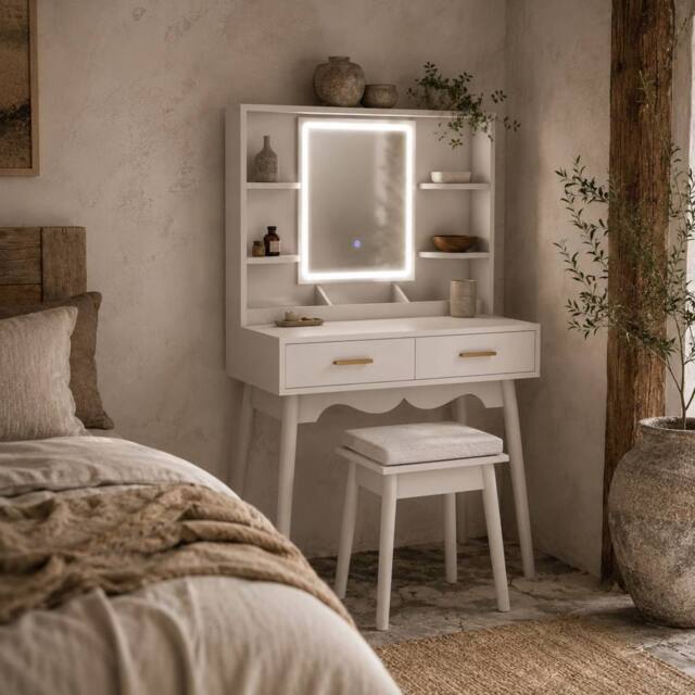 Wyld Haus White Dressing Table with LED Mirror Stool & Storage - image 1