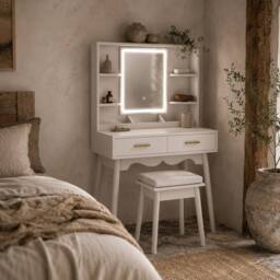 Wyld Haus White Dressing Table with LED Mirror Stool & Storage