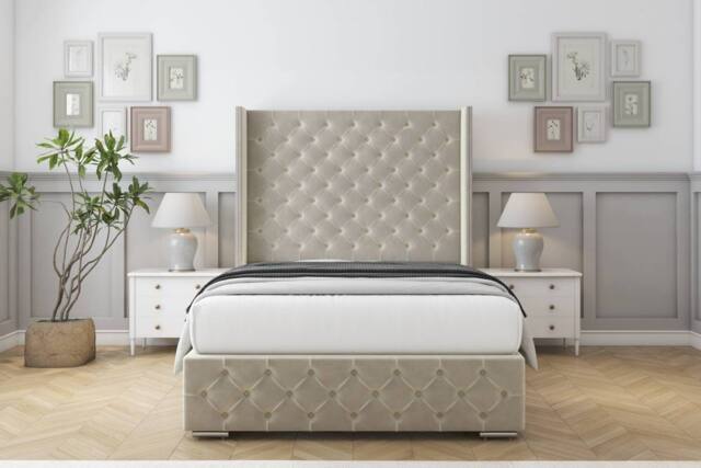 "Sloomy Arundel Plush Bed Frame With 50"" Upholstered Wingback Headboard in Cream - Size: Small Single" - image 1