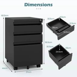 Kelvenix 3-Drawer Mobile File Cabinet Under-Desk Office Organizer in Black - Size: 0.6m2 - thumbnail 2