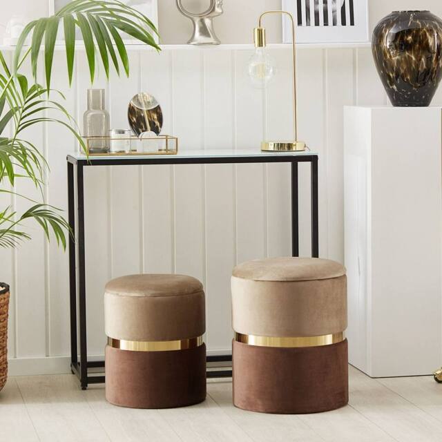 Wyld and Coco Set of 2 Brown Velvet Storage Pouffes with Gold Bar Detail - image 1