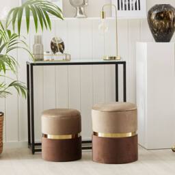 Wyld and Coco Set of 2 Brown Velvet Storage Pouffes with Gold Bar Detail - thumbnail 1