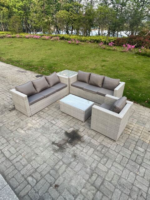 Fimous Outdoor Rattan Garden Furniture Set Corner Sofa Set Oblong Square Coffee Table Armchair in Light Grey - image 1