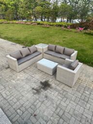 Fimous Outdoor Rattan Garden Furniture Set Corner Sofa Set Oblong Square Coffee Table Armchair in Light Grey - thumbnail 1
