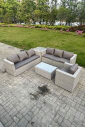 Fimous Outdoor Rattan Garden Furniture Set Corner Sofa Set Oblong Square Coffee Table Armchair in Light Grey - thumbnail 2