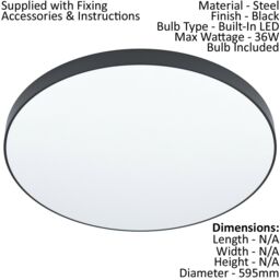 Loops Flush Ceiling Light Colour Black Shade White Plastic Bulb LED 36W Included - thumbnail 2